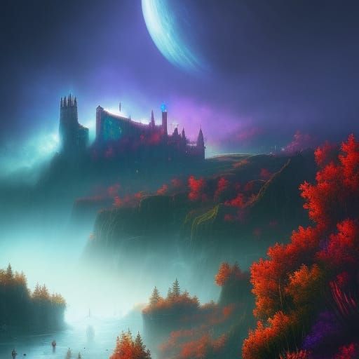 Glowing Mushroom Castle on Gothic Cliff: Fantasy Art