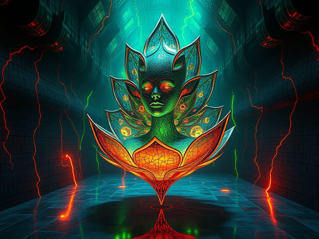 Abstract Archivist in Glitching Chamber, Cyberpunk Style