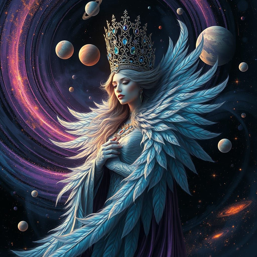 Regal Space Lady Amidst Stellar Vortex in Iridescent Feather...