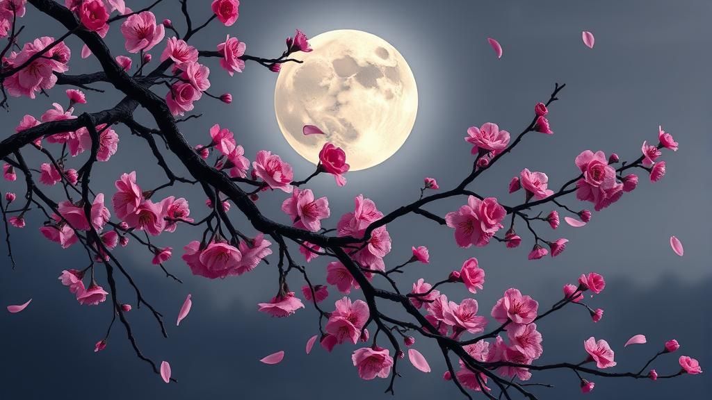 Cherry Blossoms in Moonlight: A Tranquil Night Scene