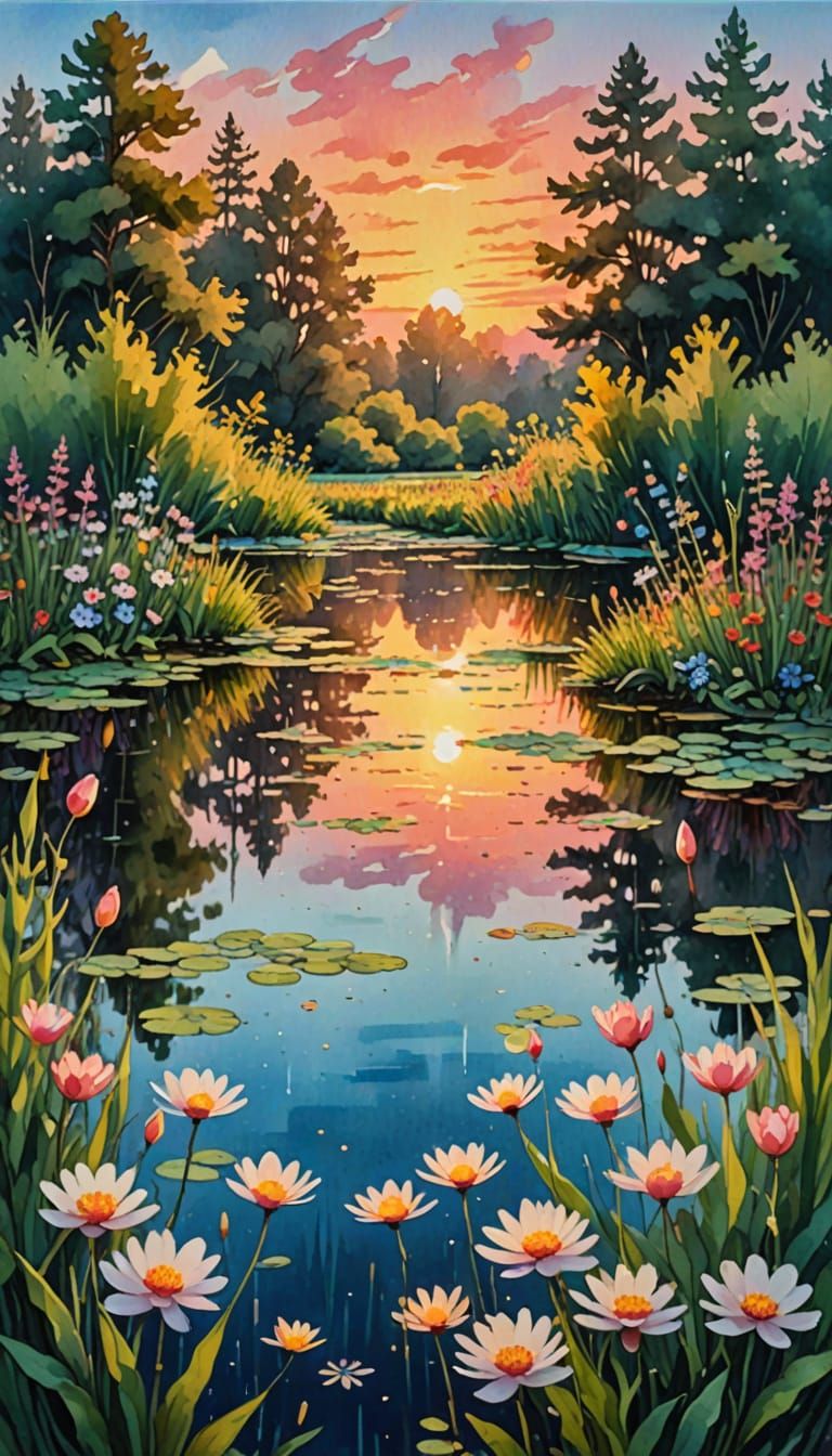 Sunset Reflection on Pond in Gouache Watercolor Style