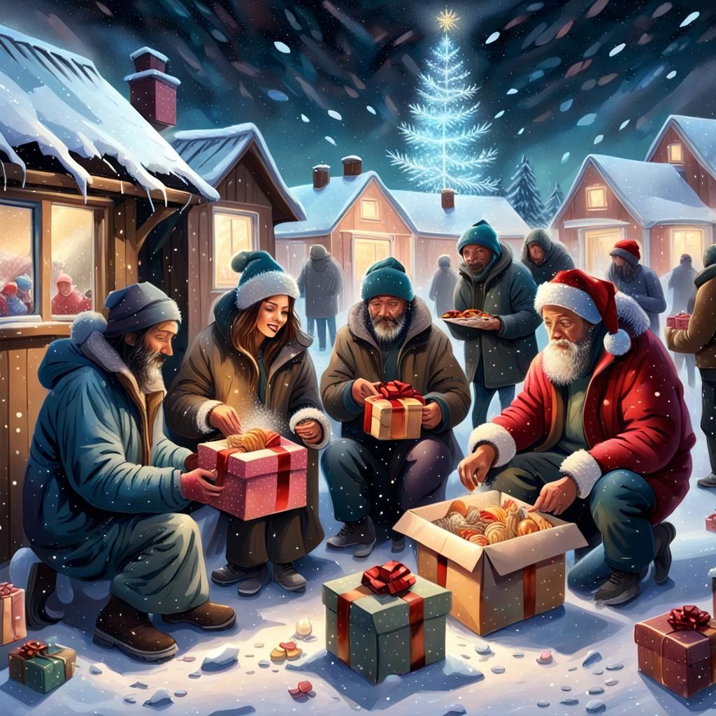 Christmas Kindness in the North Pole: An Oil Painting