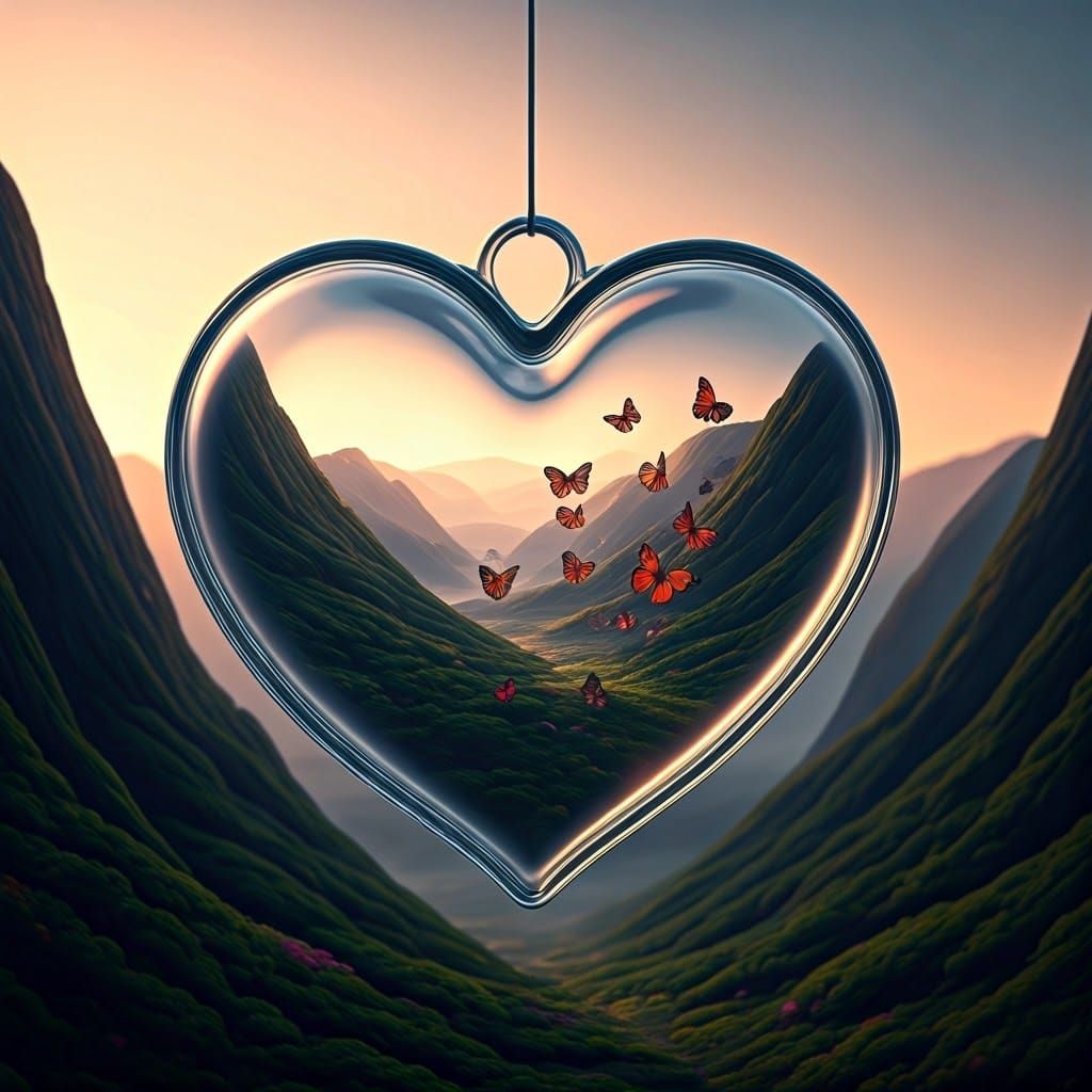Glass Heart with Butterflies in Misty Valley