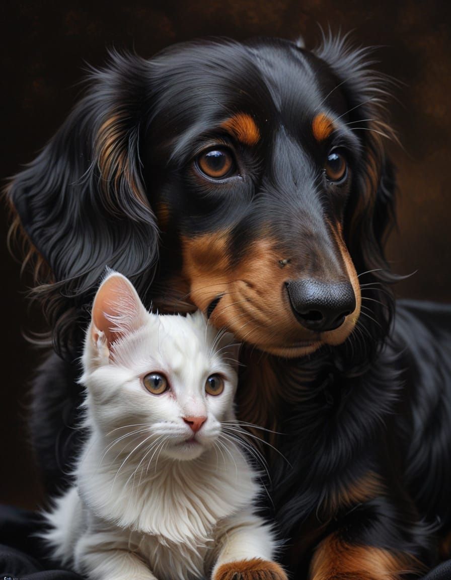 Dachshund Curled Up With Kitten in Dramatic Light
