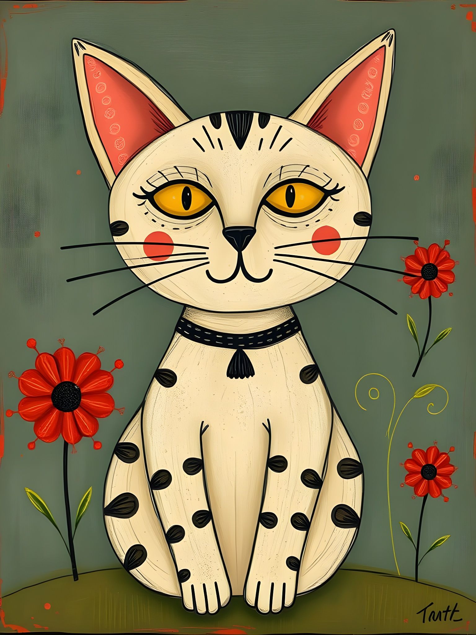 Whimsical Cat In Primitive Naive Art Style