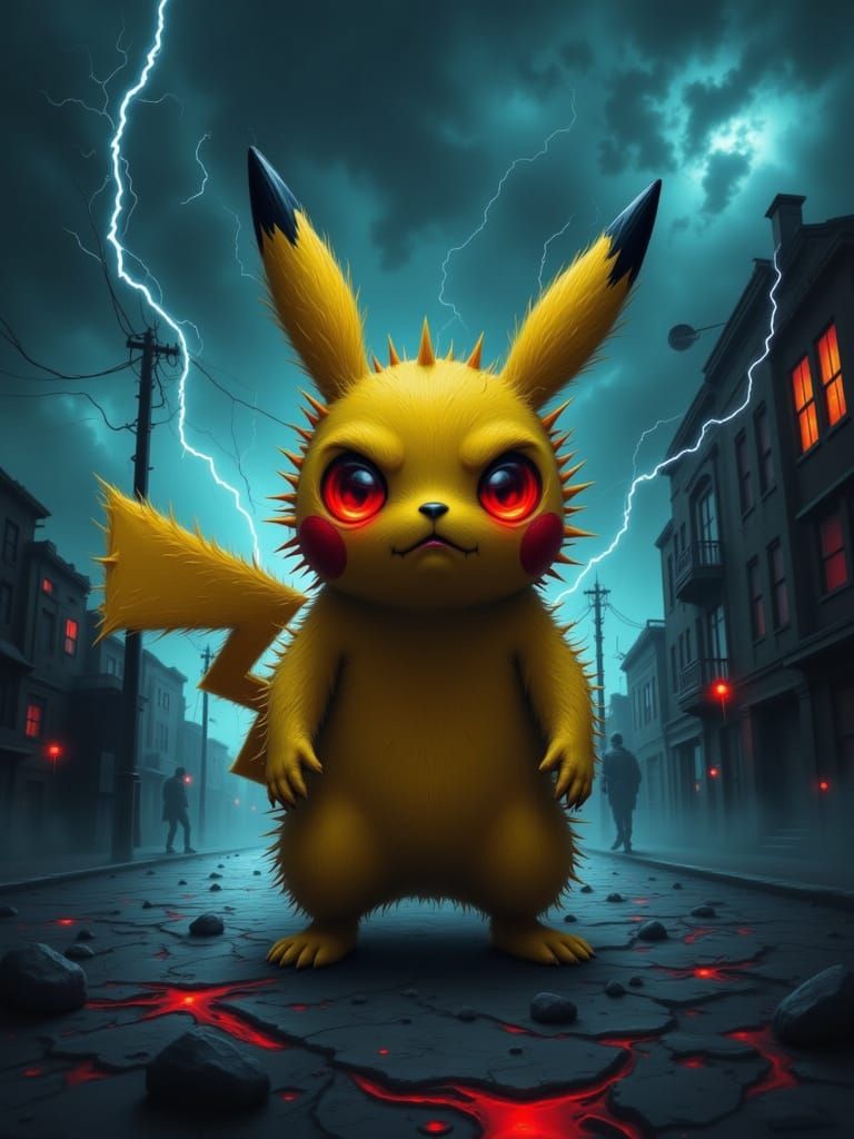 Horrific Pikachu in Lightning Storm: Abstract Horror Style