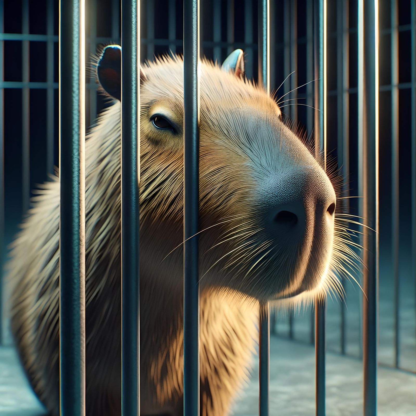 Capybara Behind Bars: Hyperrealistic Cinematic Image
