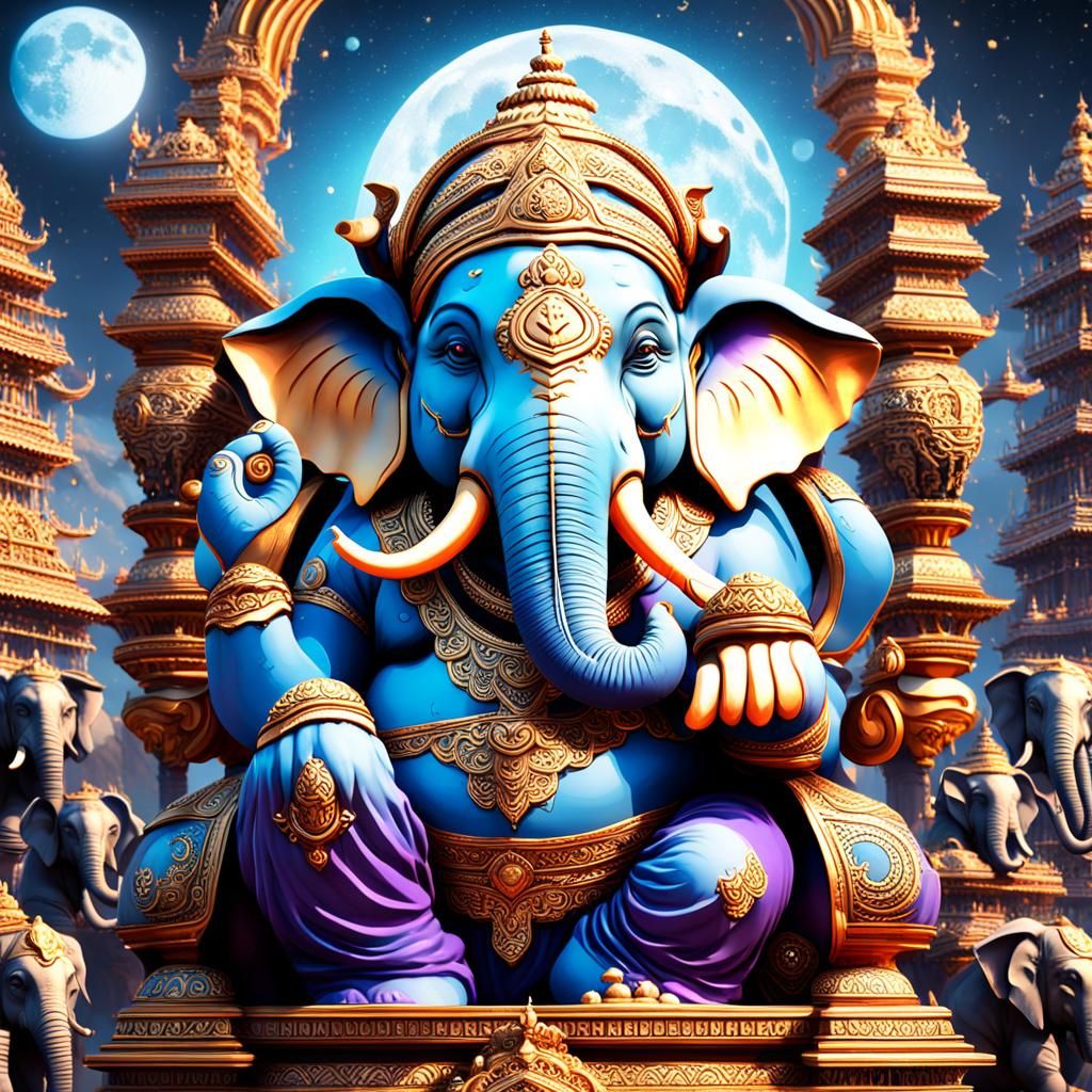 Detailed Matte Painting of Ganesha with Elephants