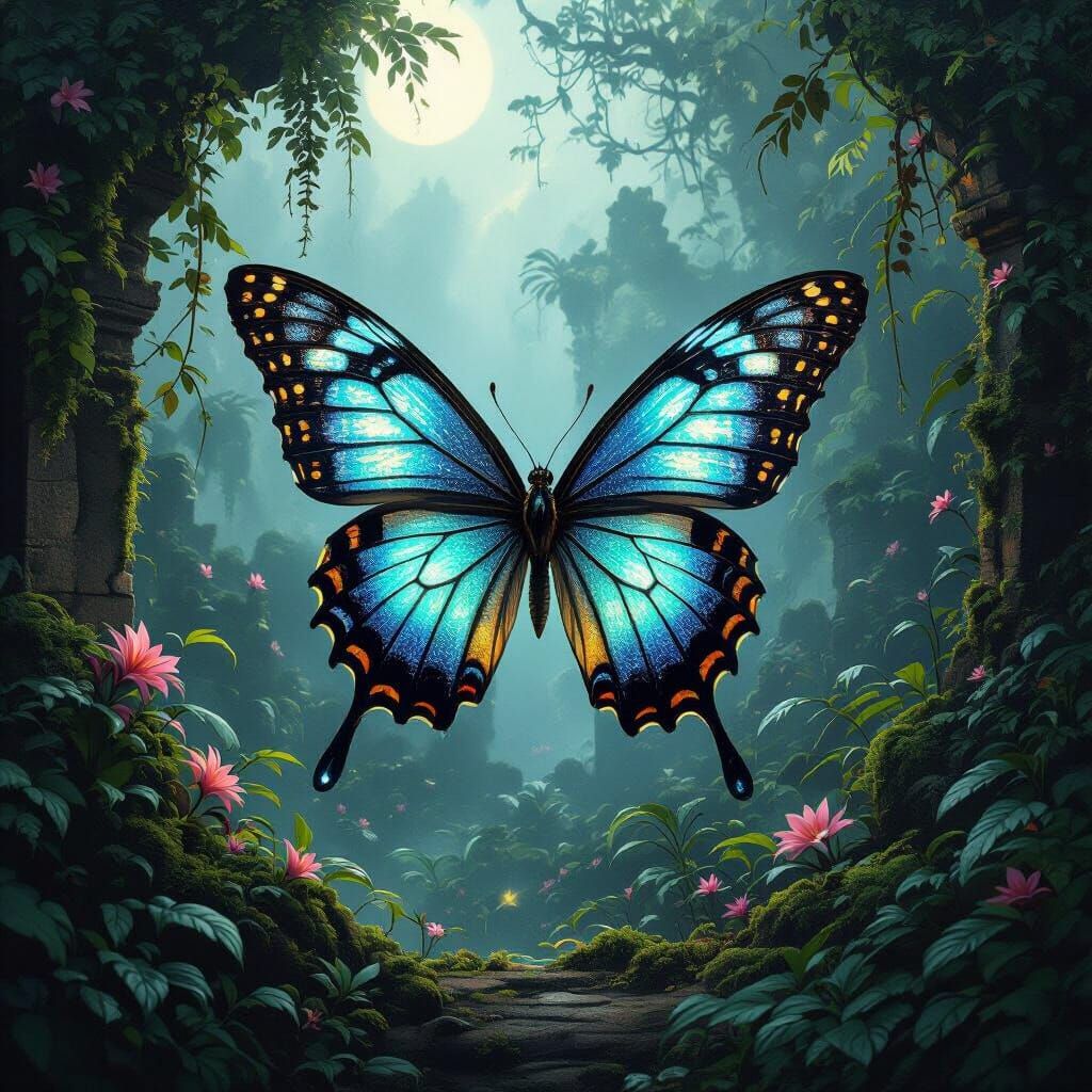 Bioluminescent Butterfly in Overgrown Jungle Ruins