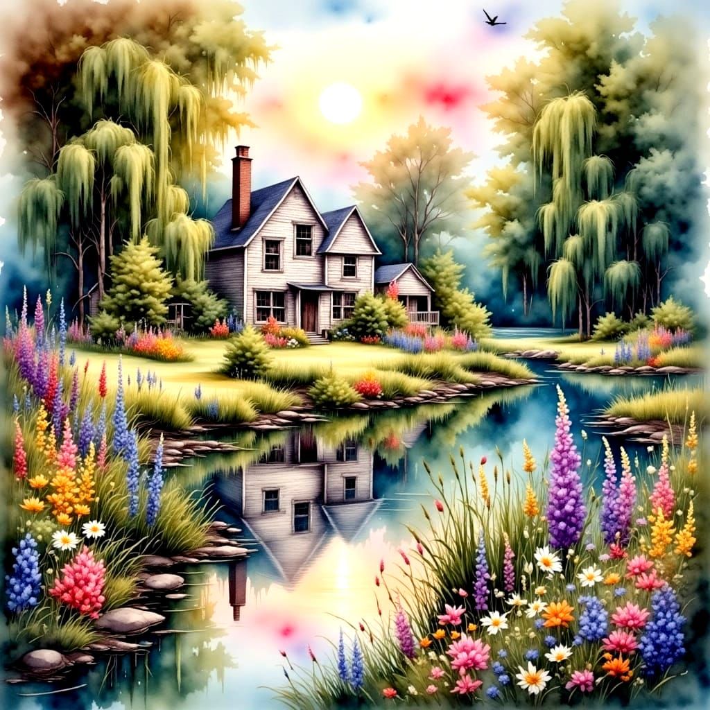 Watercolor Cottage at Twilight Lake