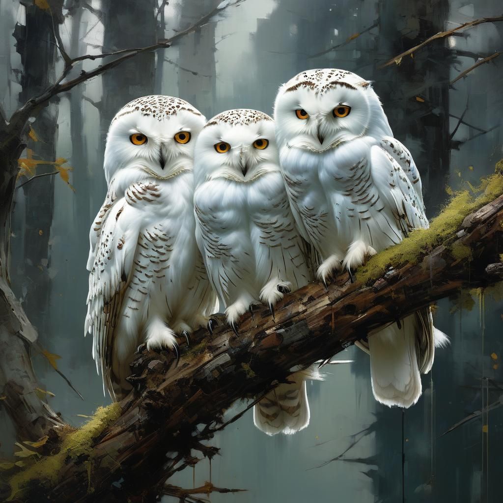 Two White Owls on Branch, Fine Art Portrait