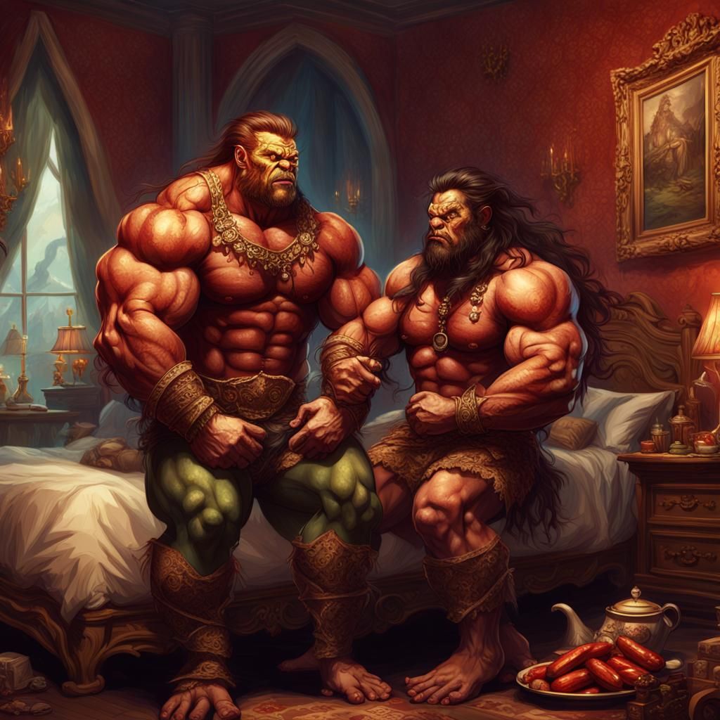 Romantic Orc Bodybuilders in Royal Bedroom, Detailed Matte P...