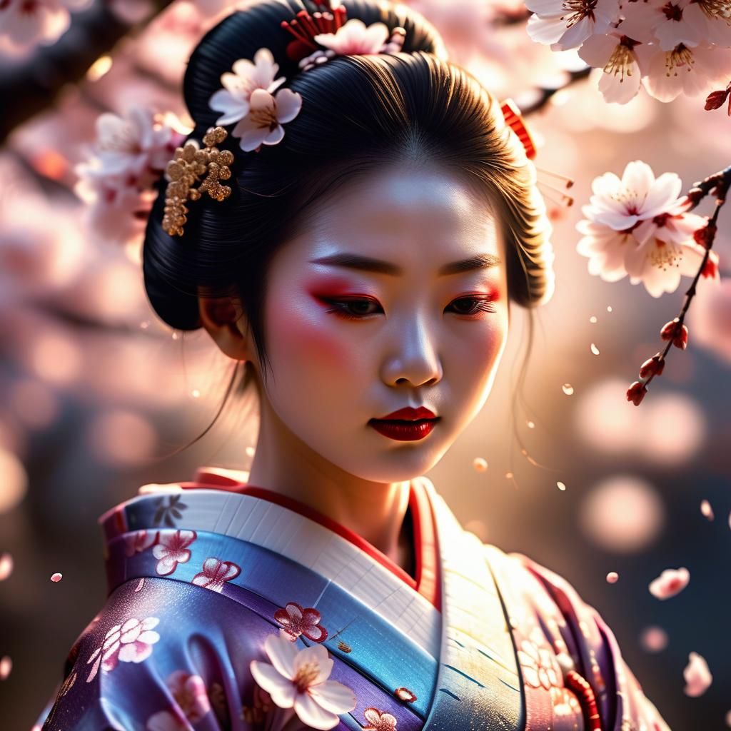 Geisha in Cherry Blossom Kimono: Matte Painting