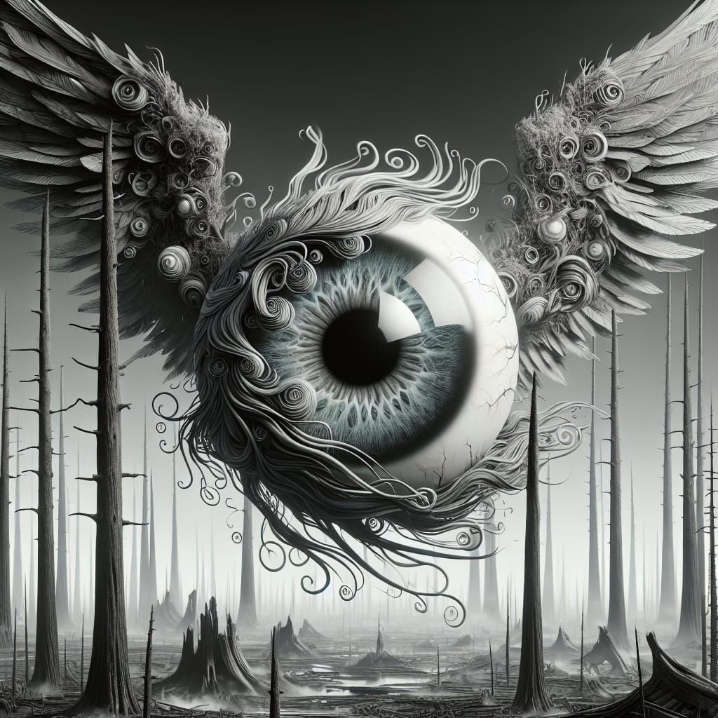 Mythical Floating Eyeball with Wings in Wasteland