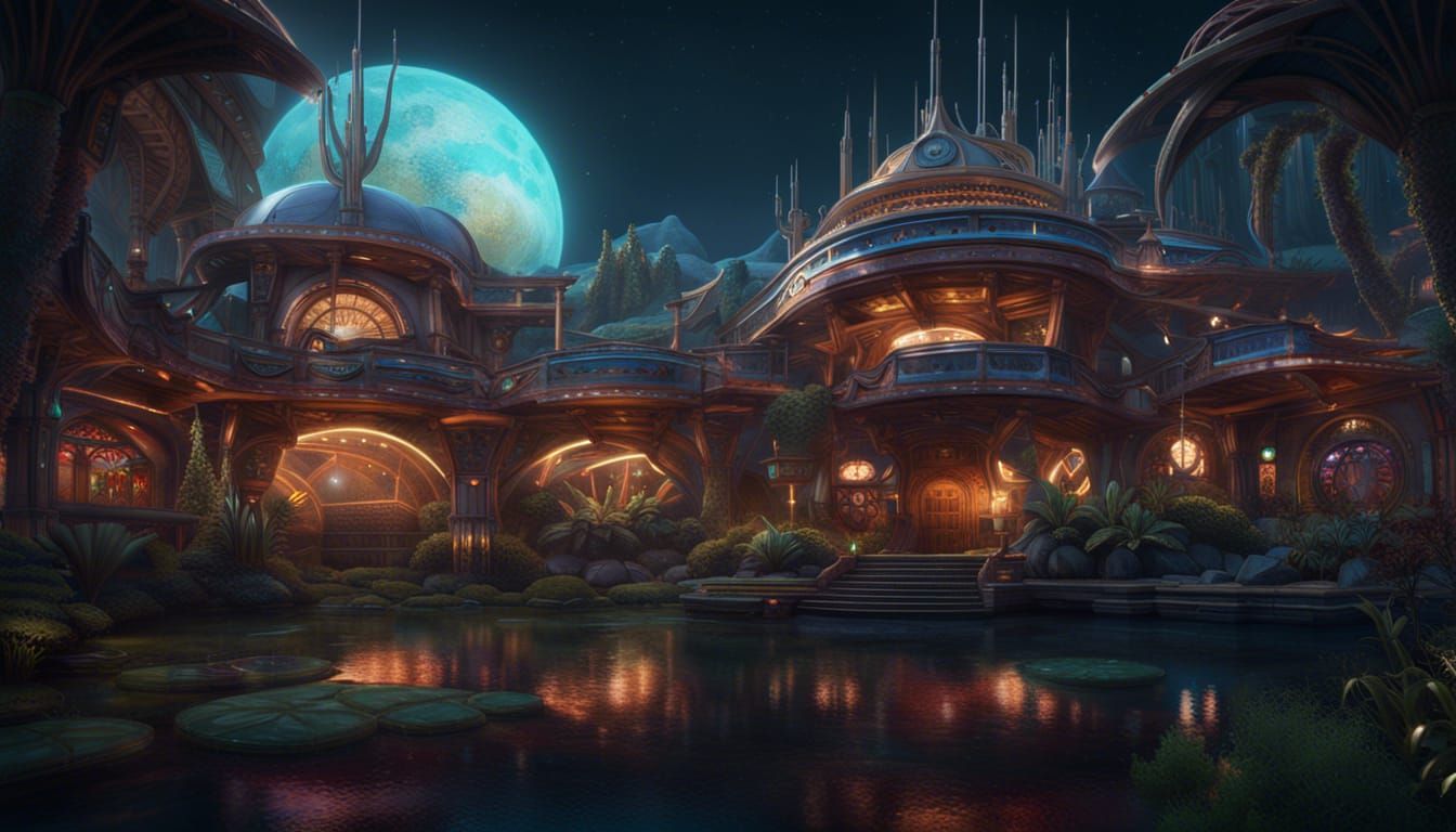 Space Fantasy Wetlands Casino in Detailed Matte Painting