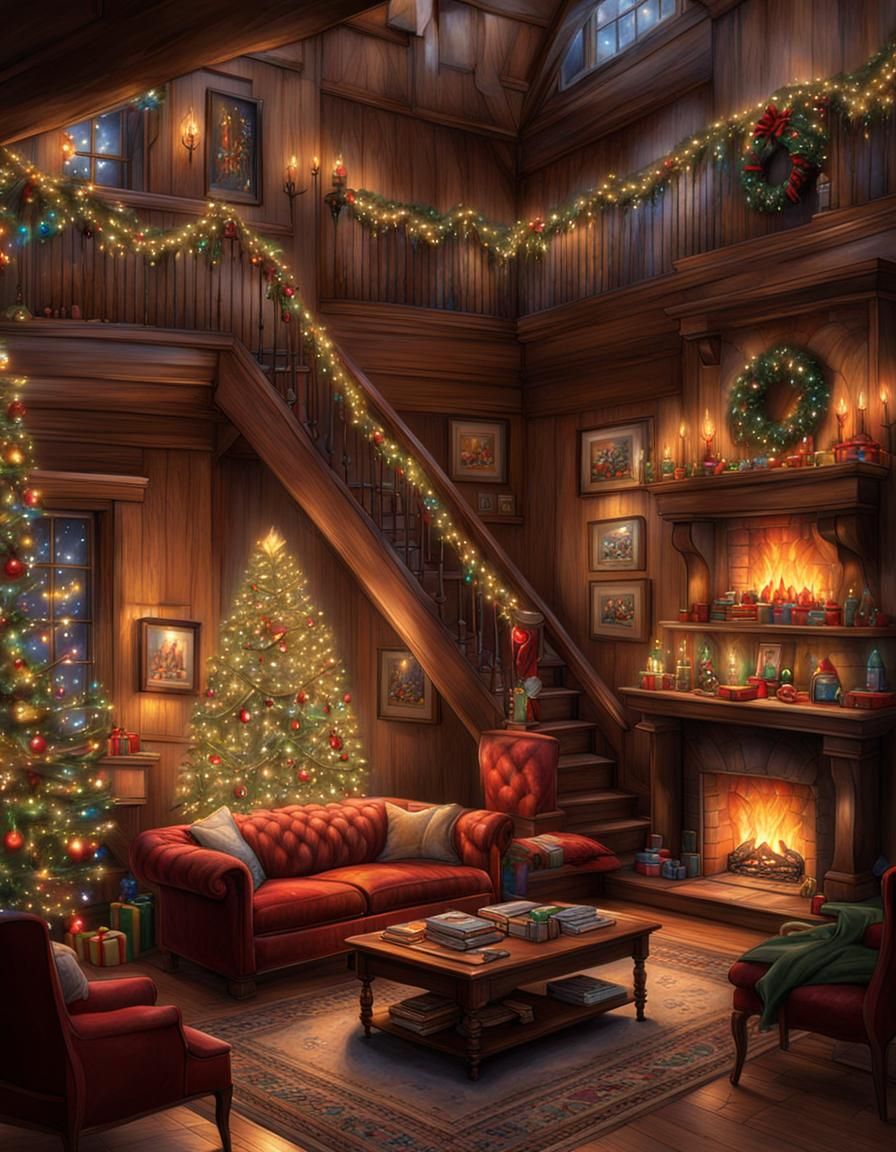 inside Christmas display stairs fireplace presents couch chair record player toys furniture high detail concept art intr...