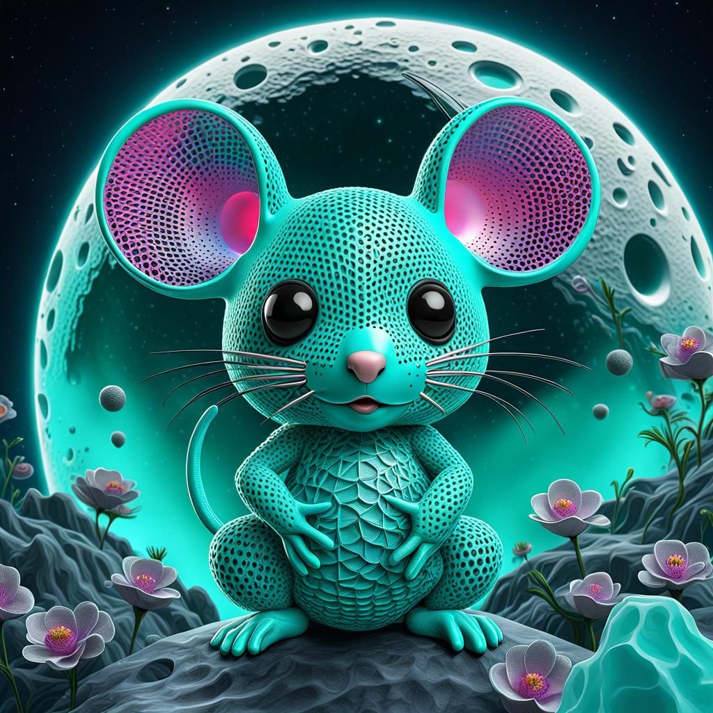 Aqua Chibi Mouse on Moon in Neon Colors