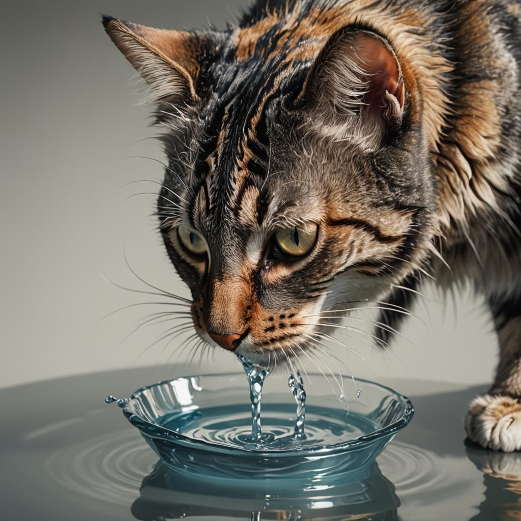 Hyperrealistic Cat Drinking Water Reflecting Light