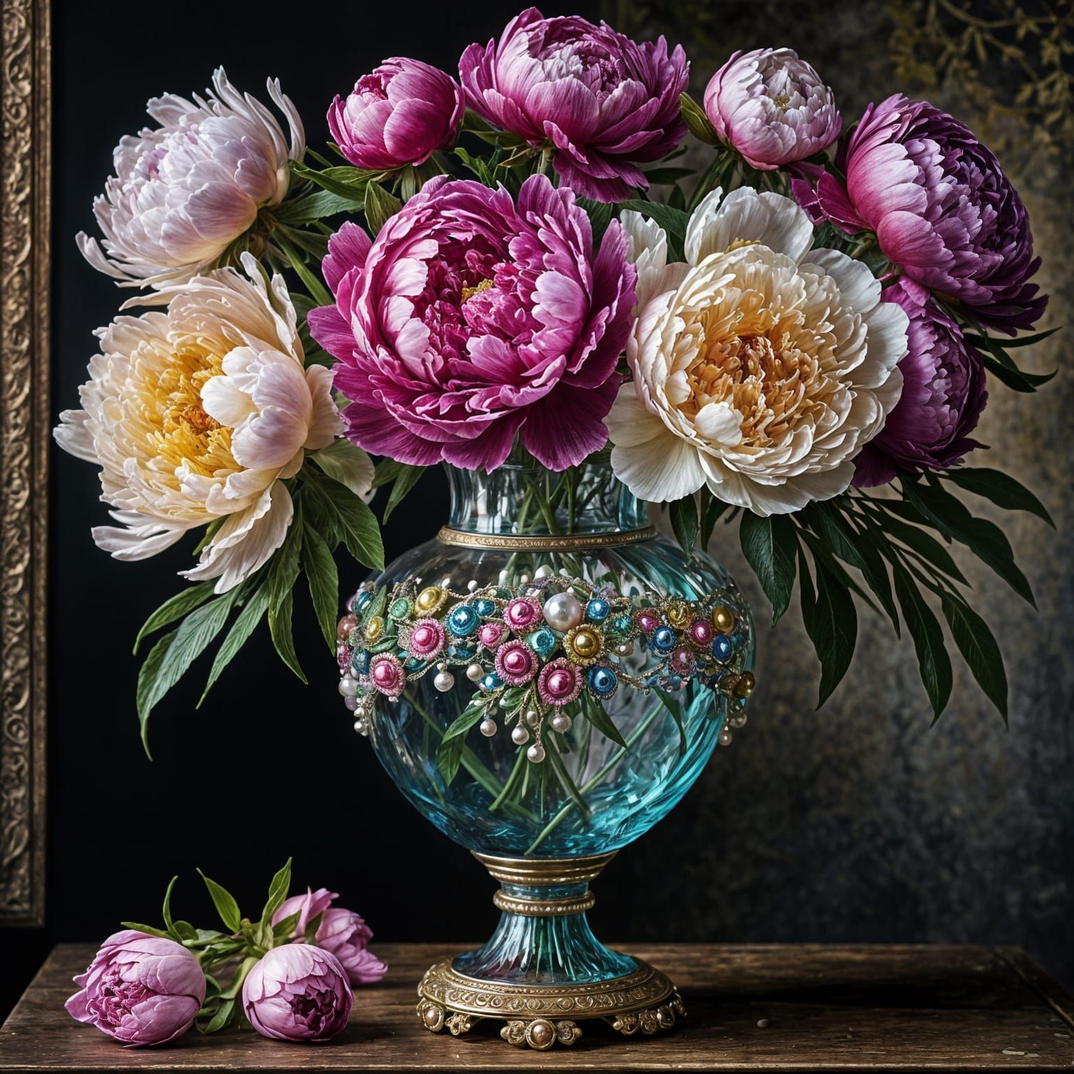 Ornate Multicolored Peonies in Glass Vase