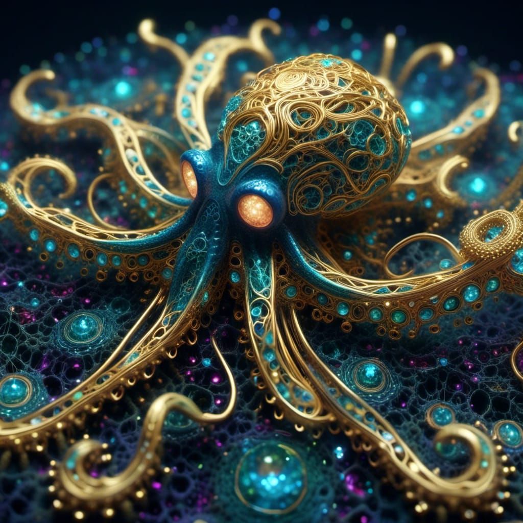 Golden Fractal Octopus with Lace and Gems