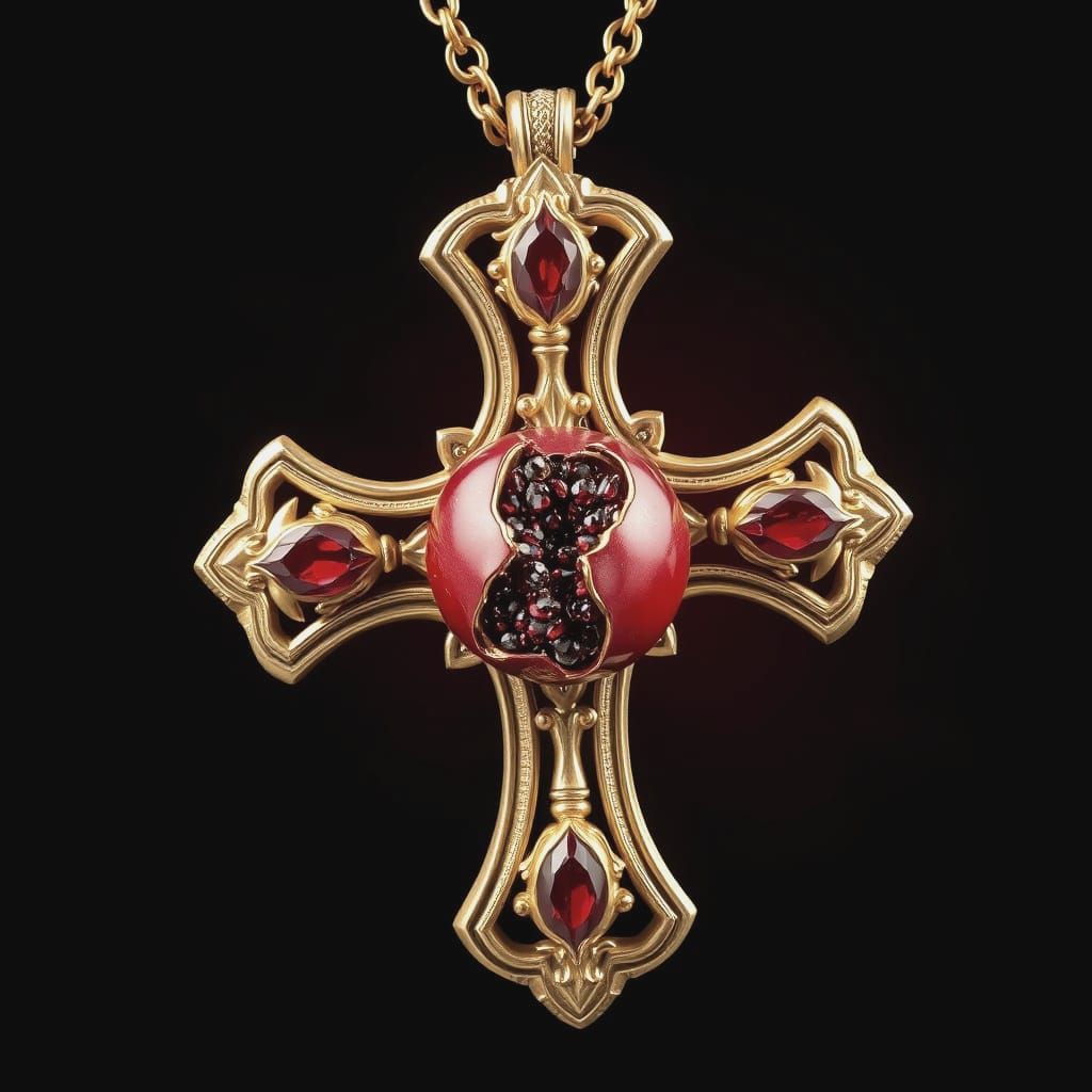 Decorative Gold Cross Pendant with Pomegranate Motif