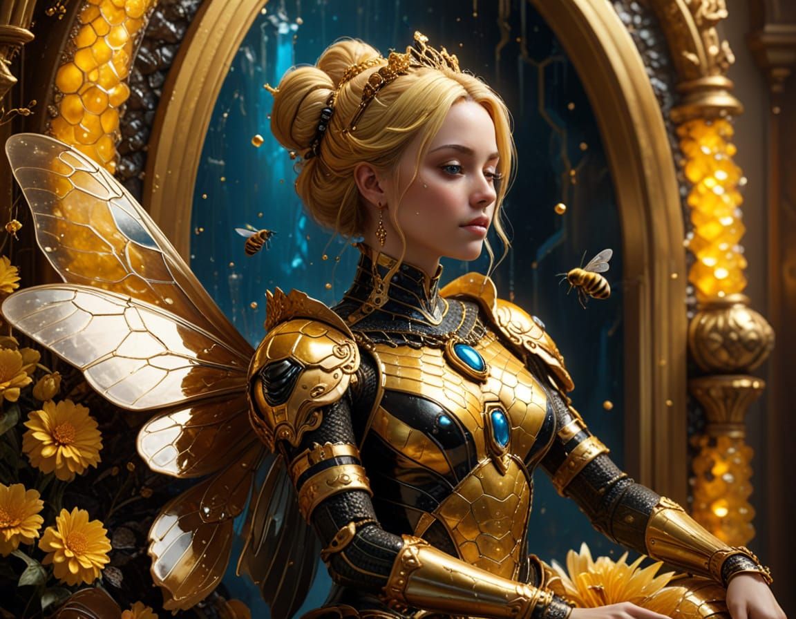 Whimsical Queen Bee Goddess in a Golden Throne Room
