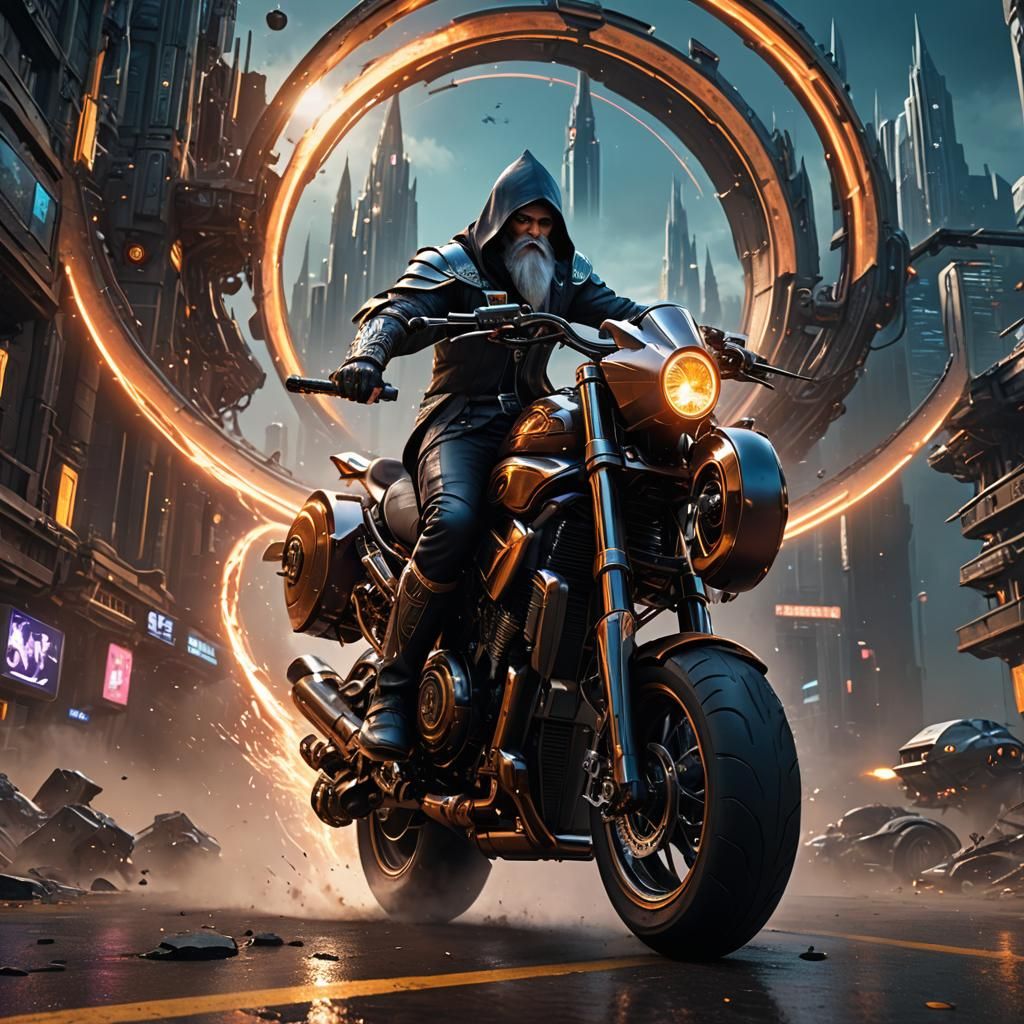 Wizard on Futuristic Motorcycle in Detailed Matte Painting