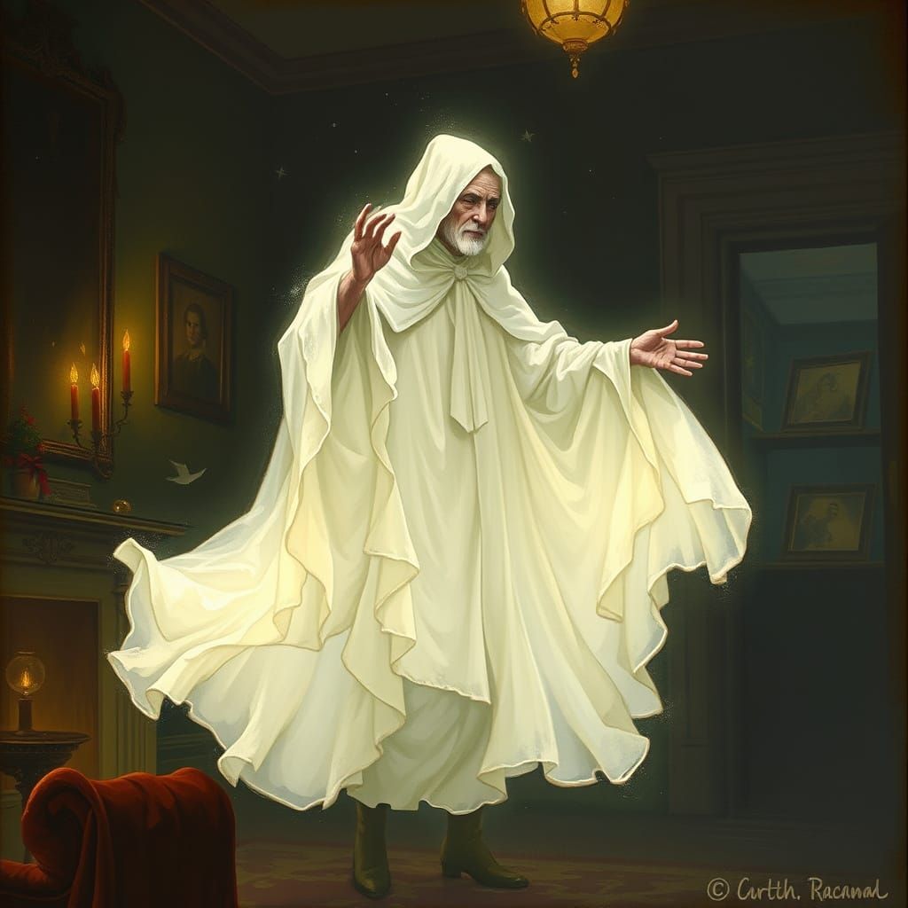 Ethereal Ghost of Christmas Past in Victorian Room