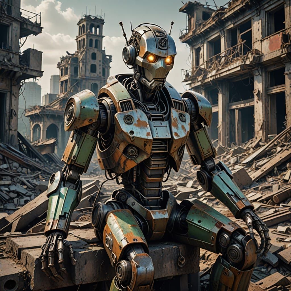 Melancholic Robot Survivor in Post-Apocalyptic Ruins
