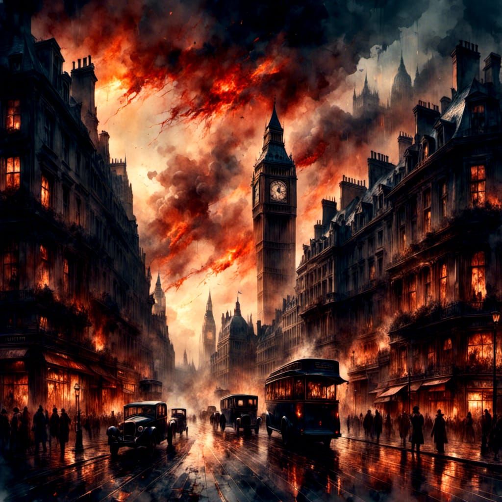 Burning London Street Bombing: Macabre Watercolor Painting