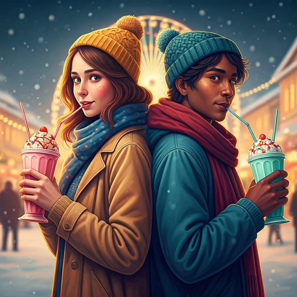 Friends Enjoying Milkshakes in Snowy Cityscape