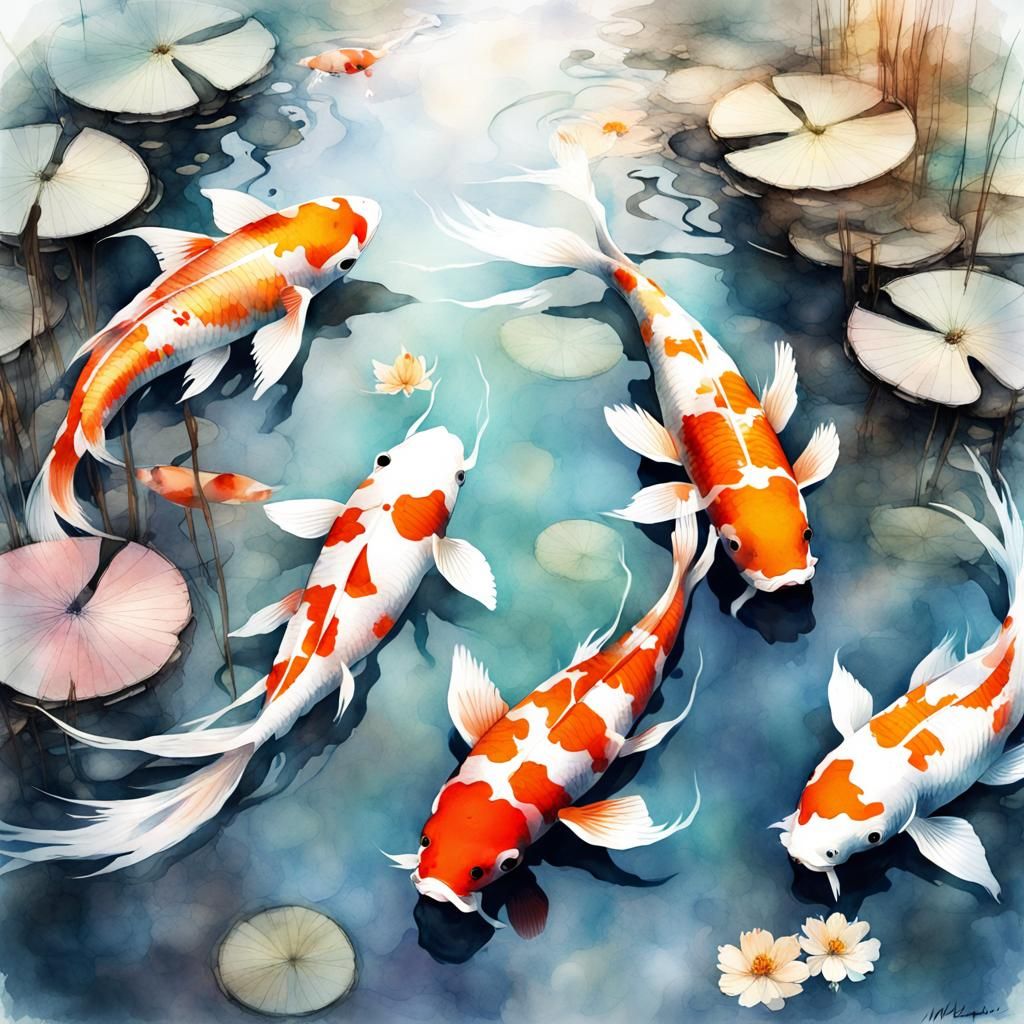 Japanese Koi Pond in Digital Watercolor Style