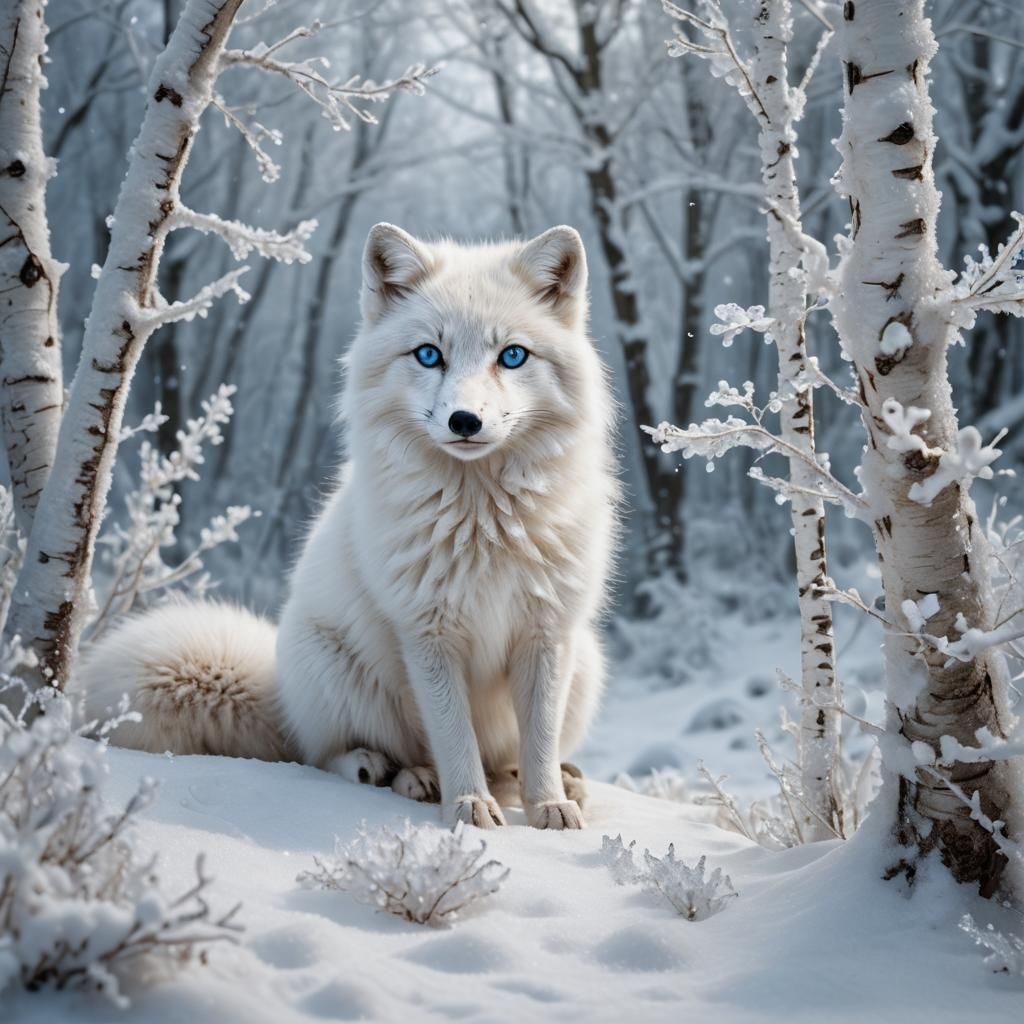 Arctic Fox in Enchanted Winter Forest with Crystals