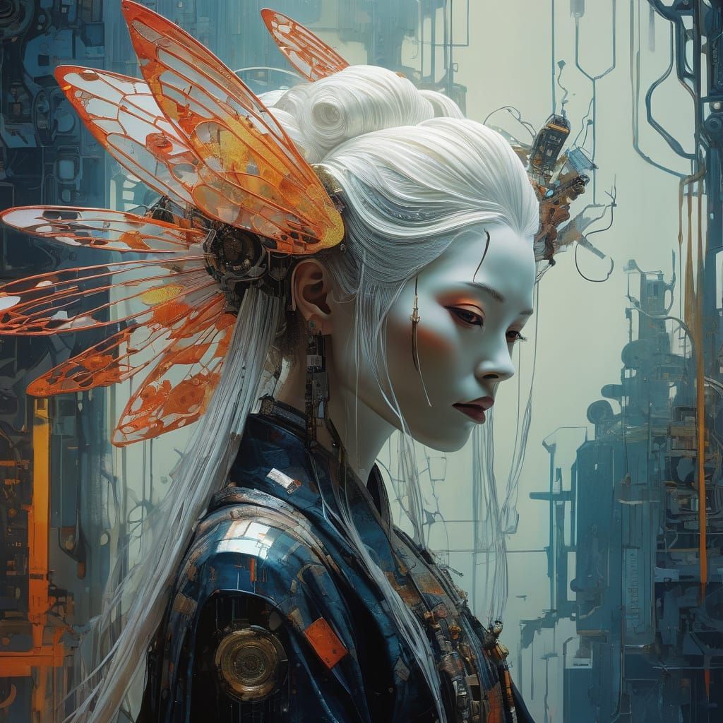 Android Geisha Portrait in Futuristic Repairshop