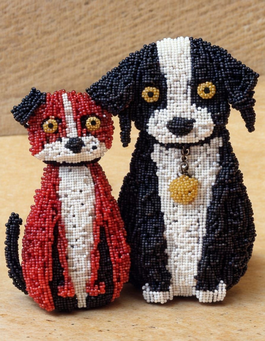 Cartoon Cat and Dog Sculpture Made of Beads