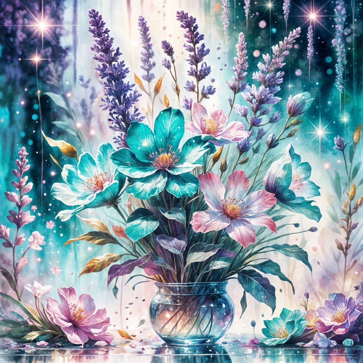 Elegant Glowing Flowers on Soft Aquarelle Background