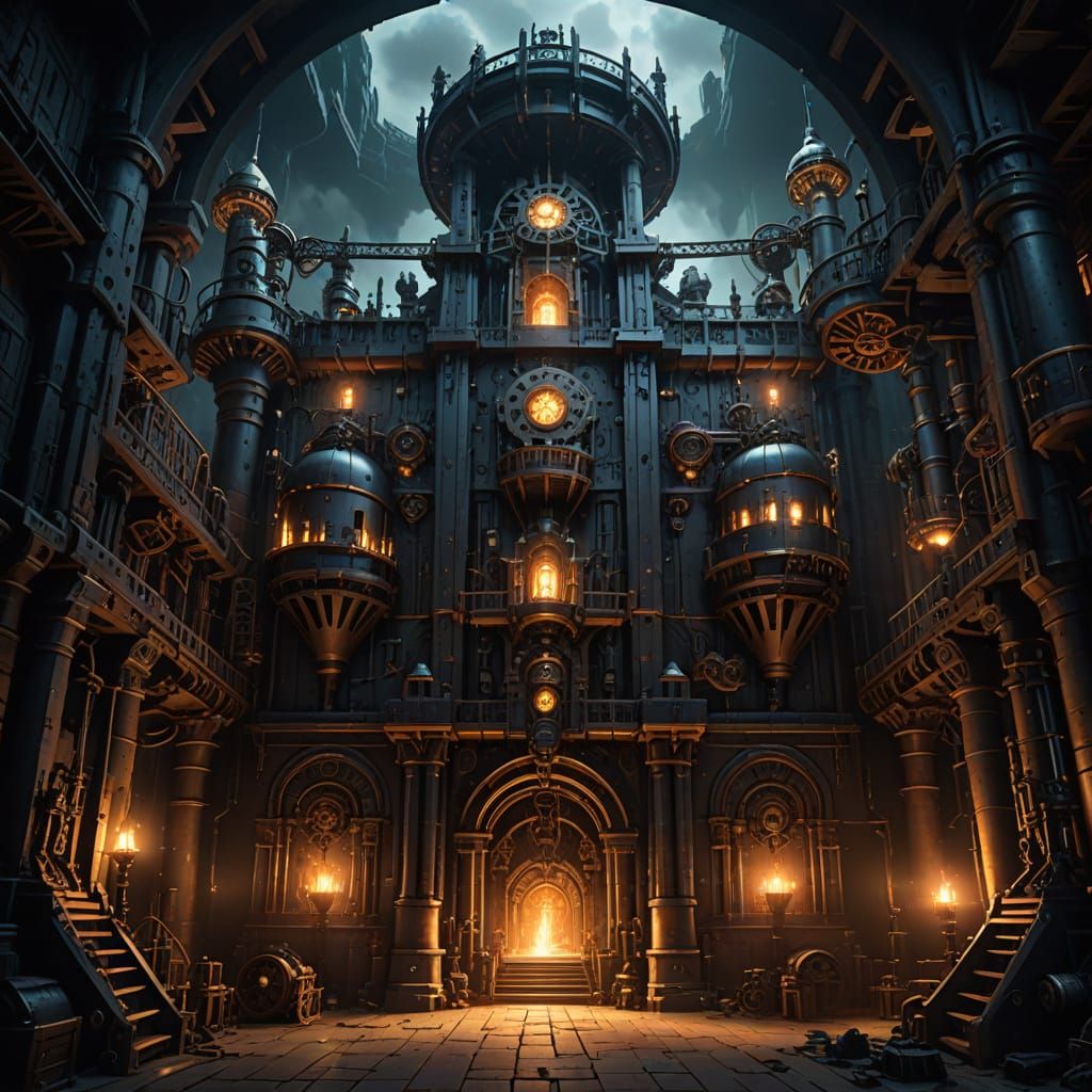 Steampunk Clockwork Fortress on Obsidian Mountain