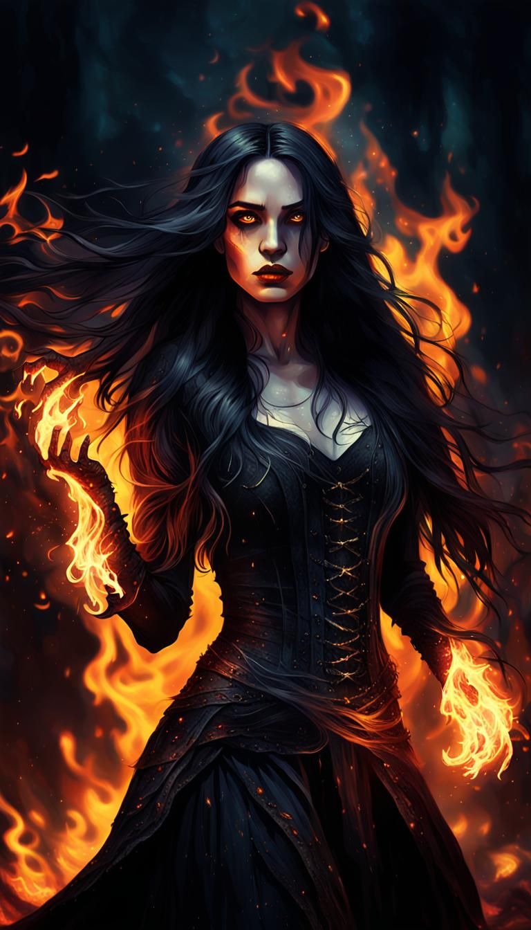 Eerie Dark Fantasy Woman Surrounded by Flames