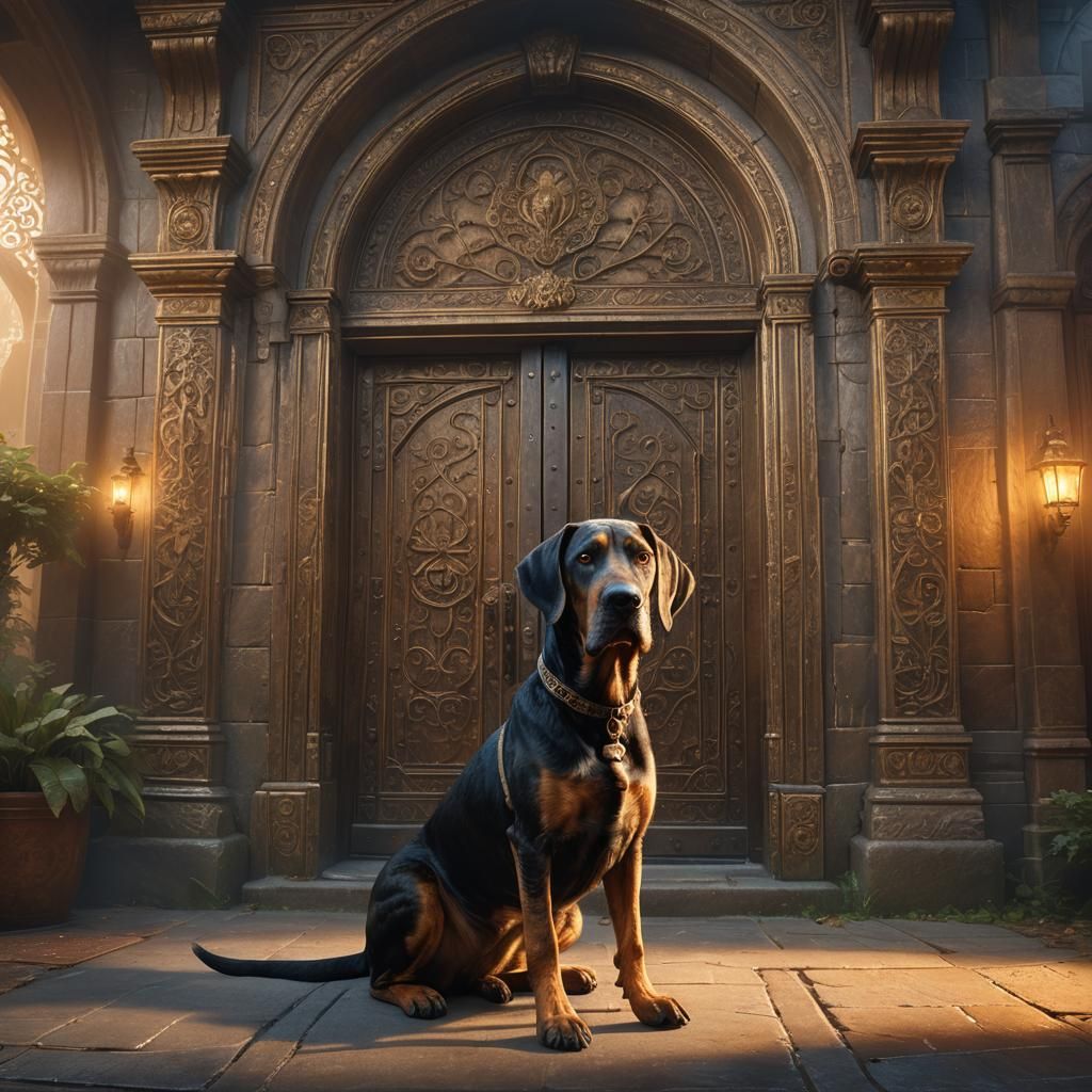 Plott Hound Dog Guarding Ornate Doorway