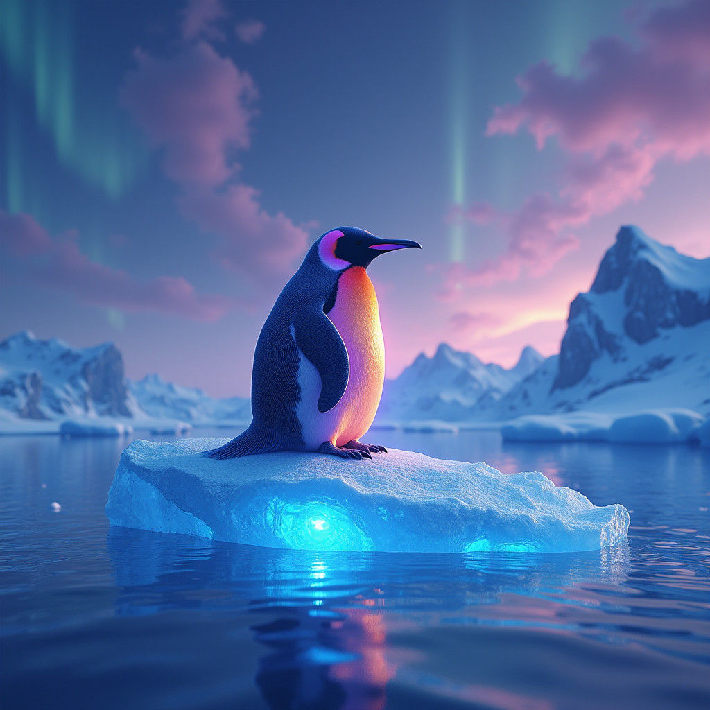 Iridescent Penguin on Crystalline Iceberg Under Aurora