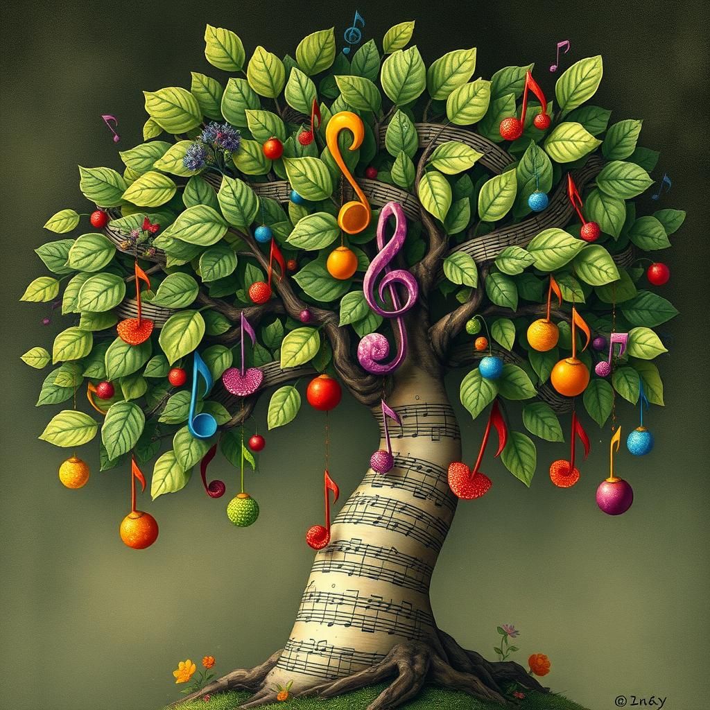 Music  tree, musical  notes hang from branches as fruit, she...