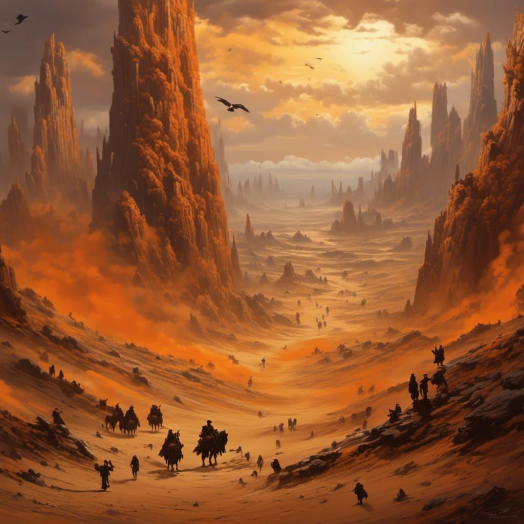 Ominous Desert Canyon Oil Painting in Dark Fantasy Style