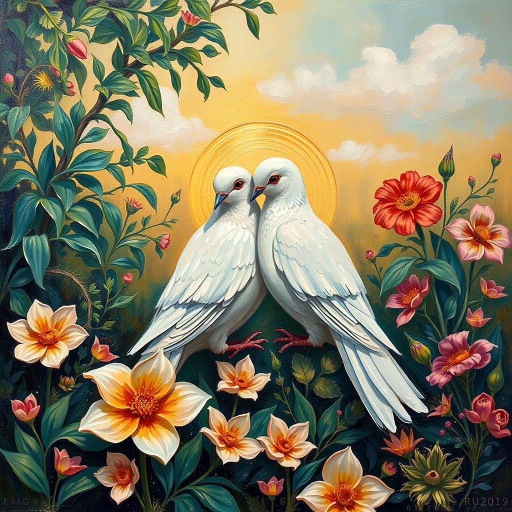 Loving Doves in a Garden, Neo-Impressionist Art