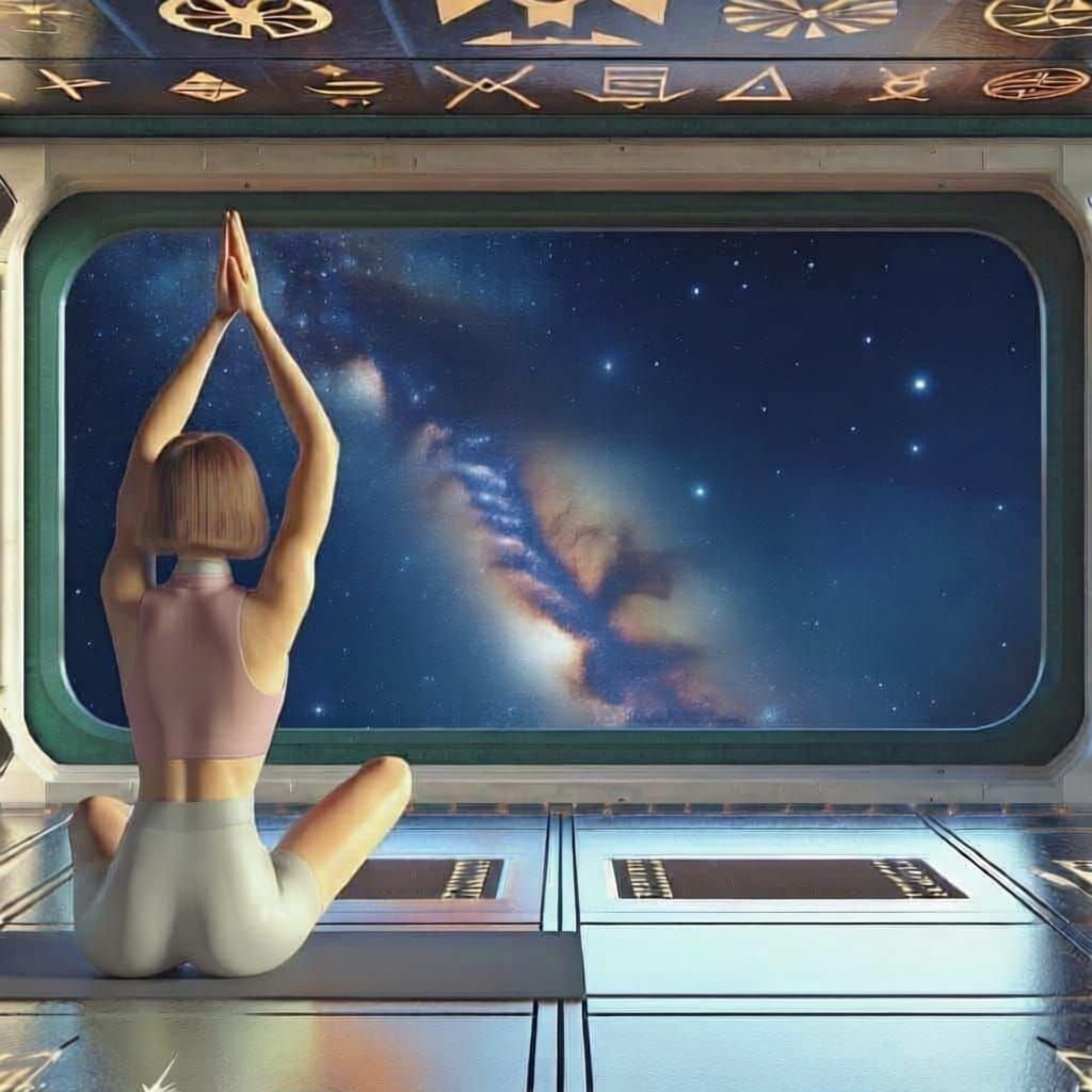 Spiritual Sci-Fi Yoga Scene: Woman Receiving Cosmic Energy