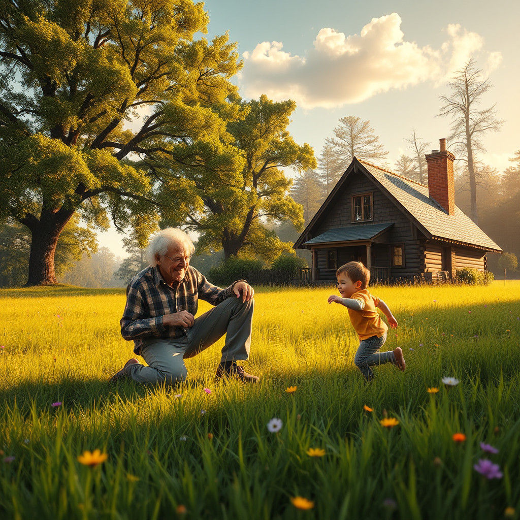 Grandfather and Grandson Playing in Sunny Meadow, Matte Pain...