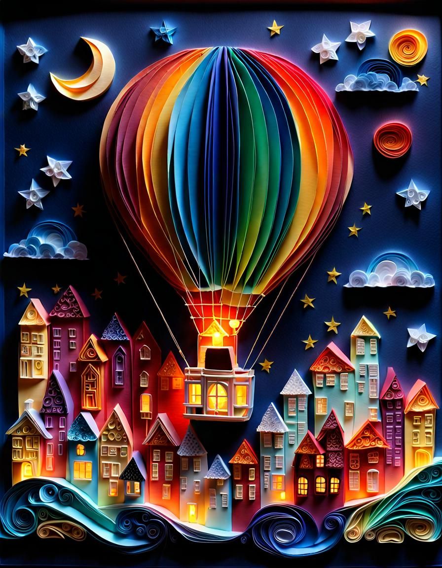 A hot-air balloon over a city