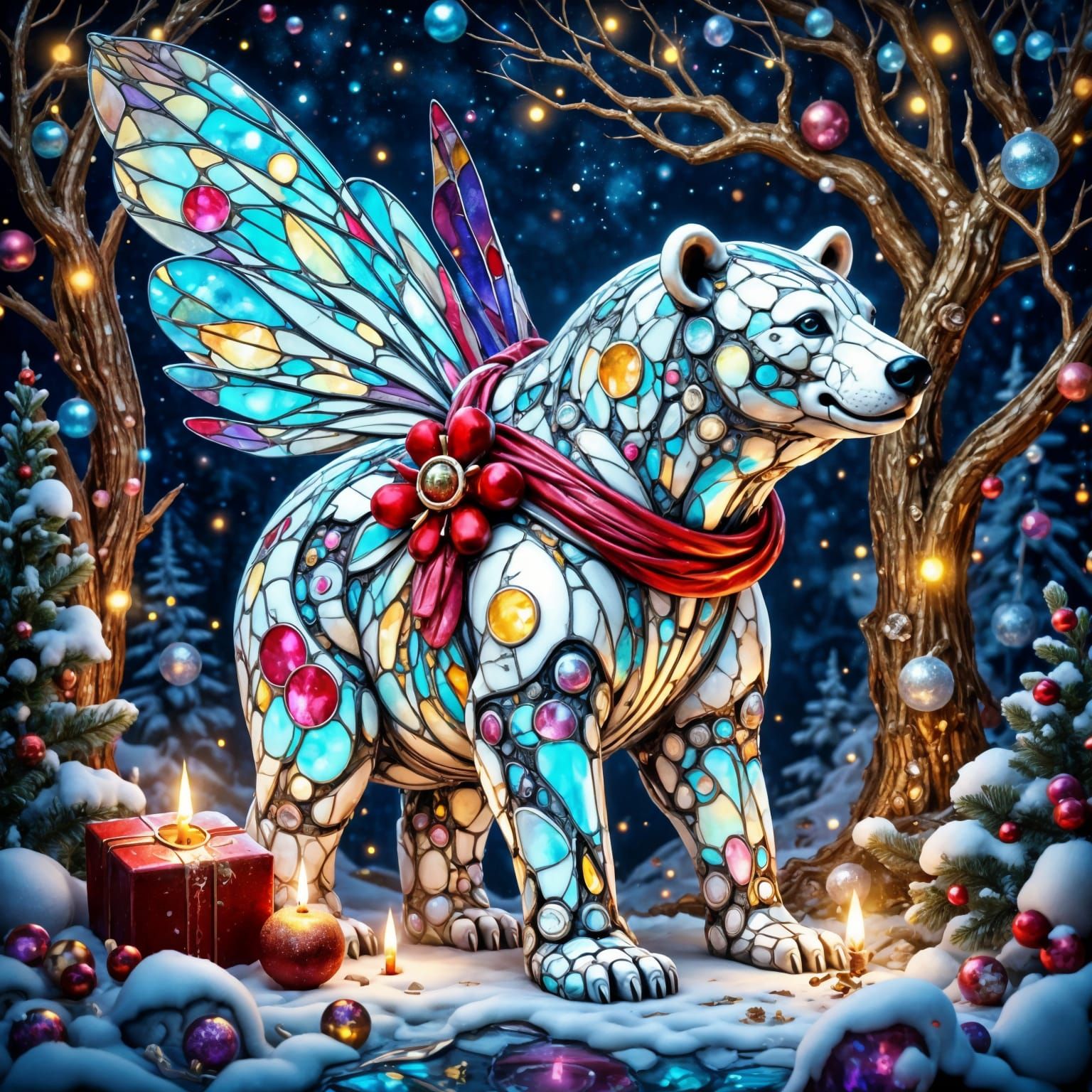 Cybernetic Christmas Wonderland in Stained Glass Style