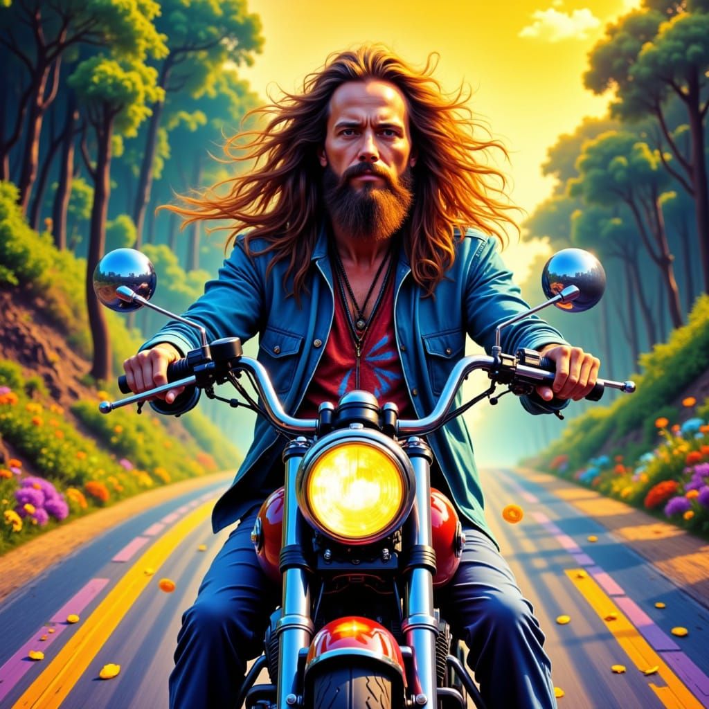 Psychedelic Hippie Rides Rainbow Highway on Motorcycle