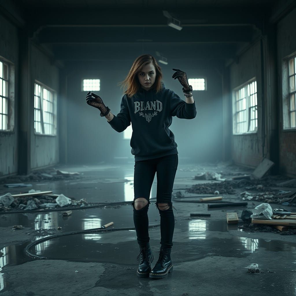 Goth Punk Girl Dances in Abandoned Water-Filled Ruins