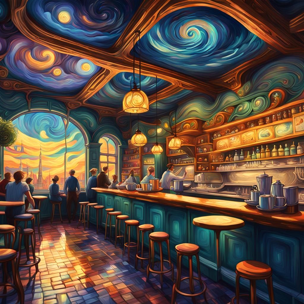 Fantastical Cafe Scene with Swirling Sky, Digital Art